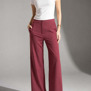 Burgundy Pinstripe Wide-Leg Pants