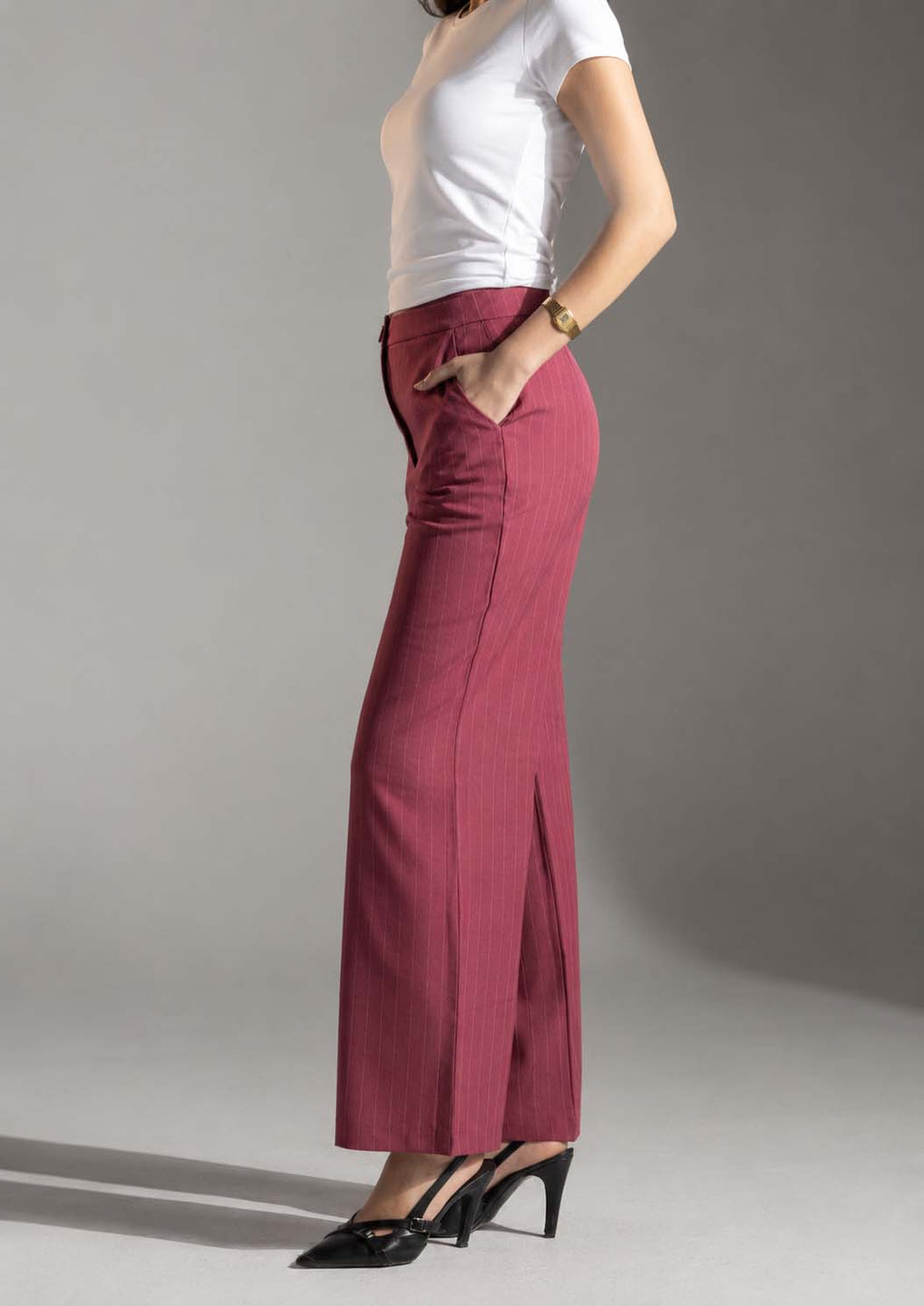 Burgundy Pinstripe Wide-Leg Pants