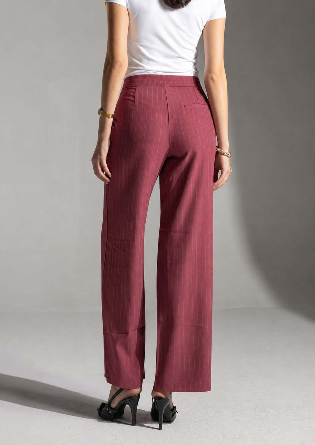 Burgundy Pinstripe Wide-Leg Pants