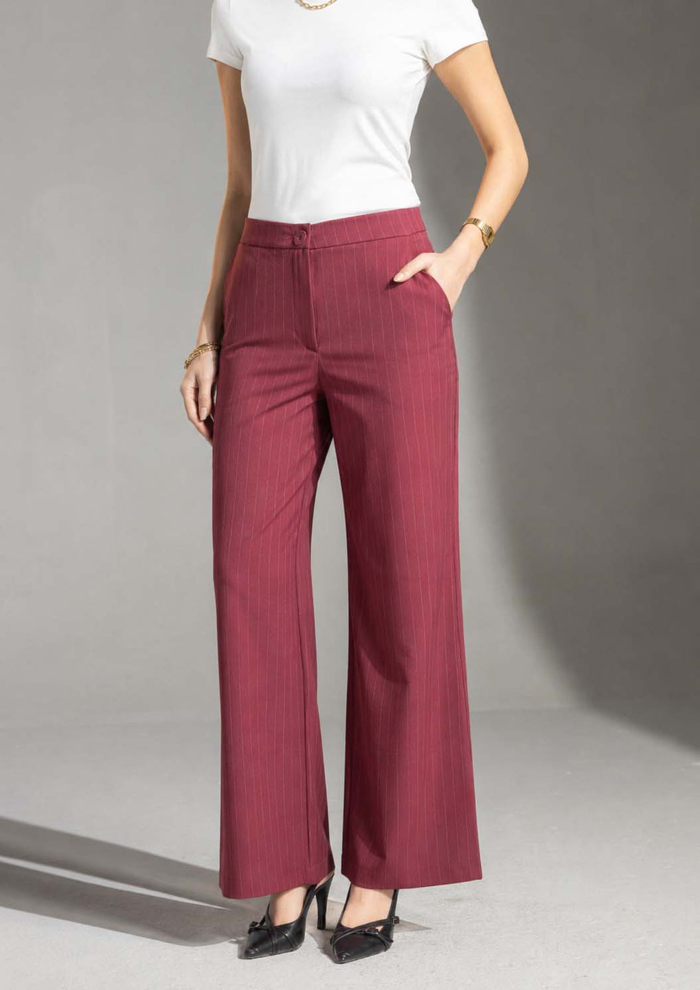Burgundy Pinstripe Wide-Leg Pants