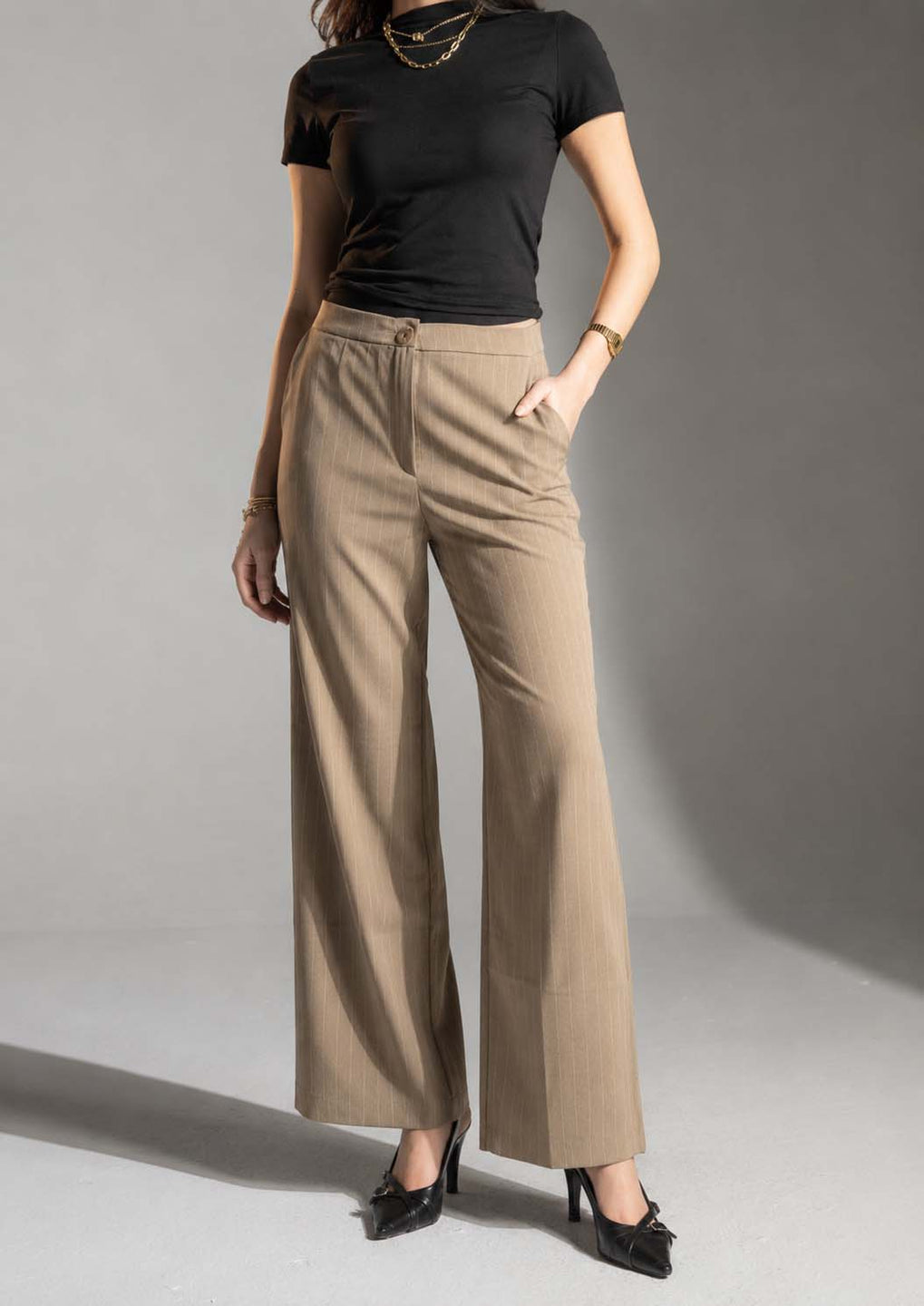 Camel Pinstripe Wide-Leg Pants
