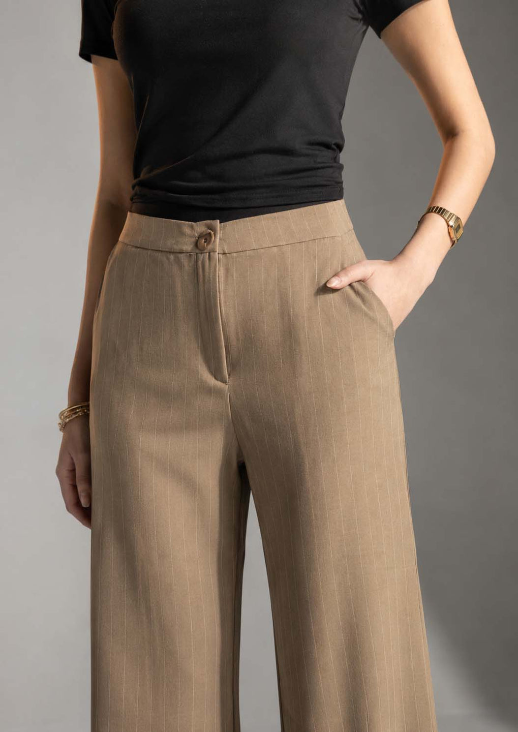 Camel Pinstripe Wide-Leg Pants