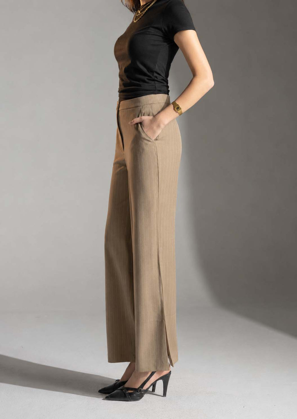 Camel Pinstripe Wide-Leg Pants