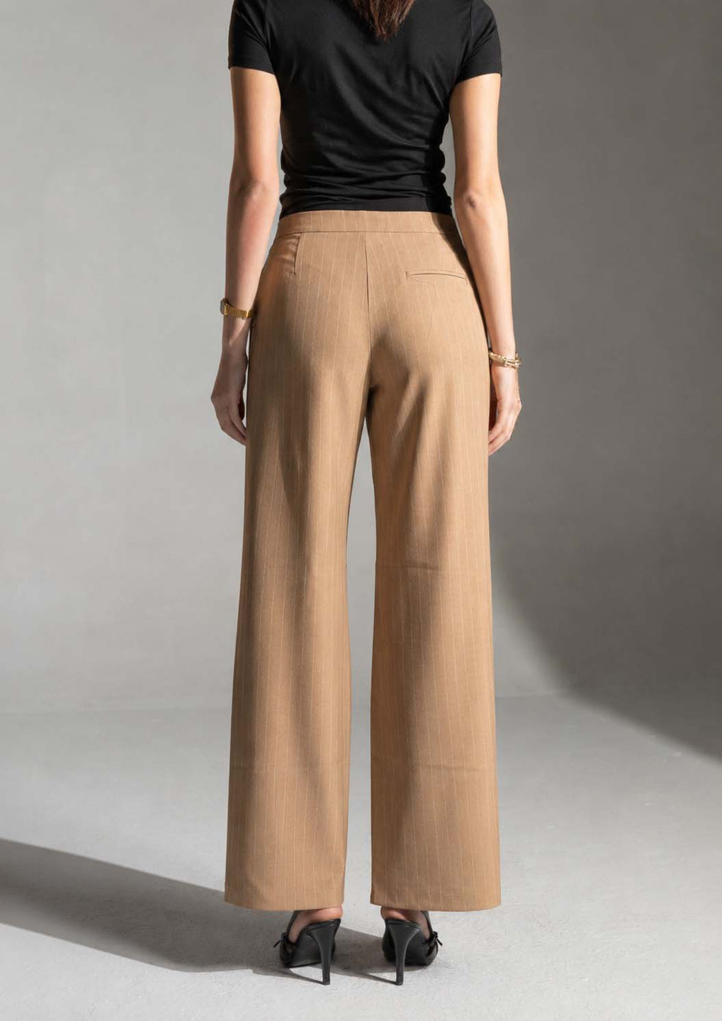 Camel Pinstripe Wide-Leg Pants