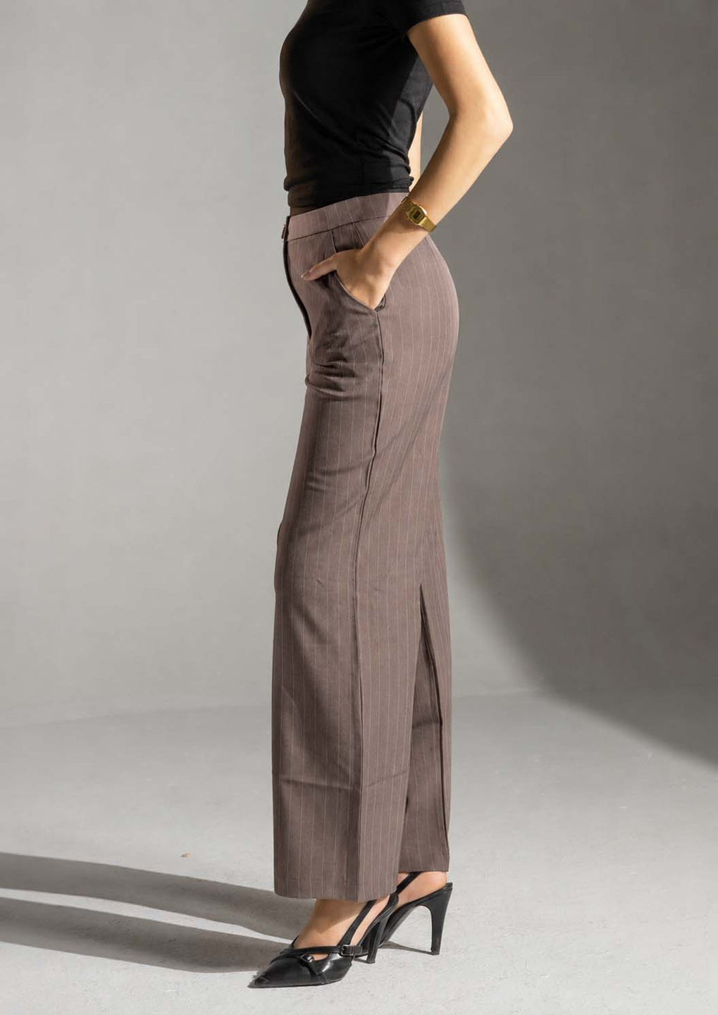 Coffe Pinstripe Wide-Leg Pants