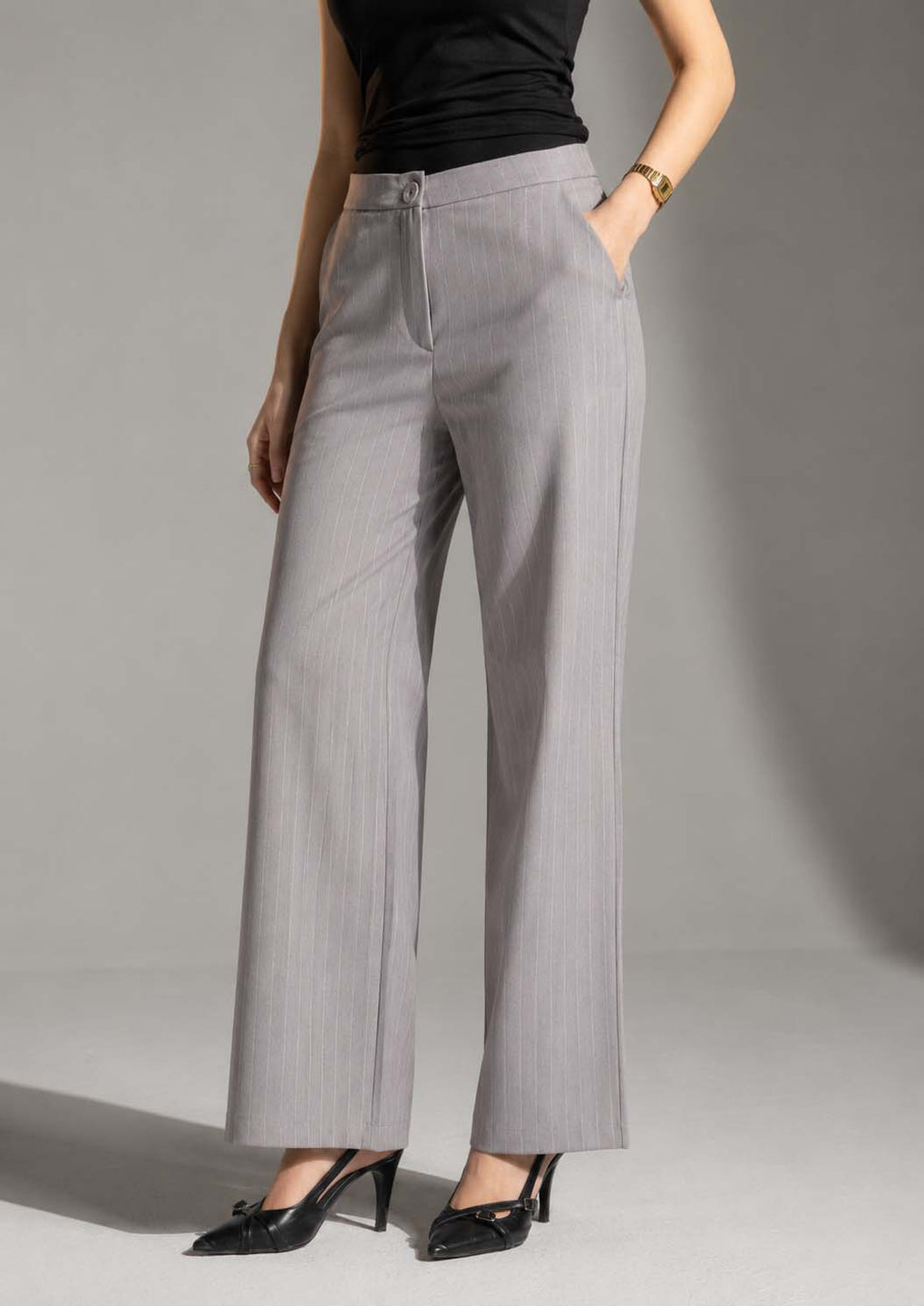 Grey Pinstripe Wide-Leg Pants