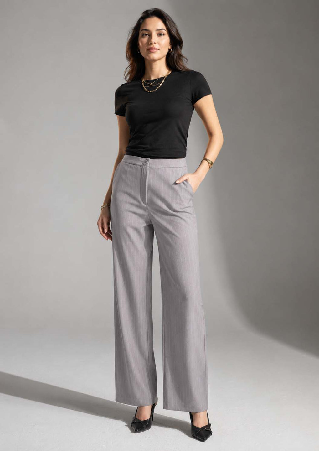 Grey Pinstripe Wide-Leg Pants