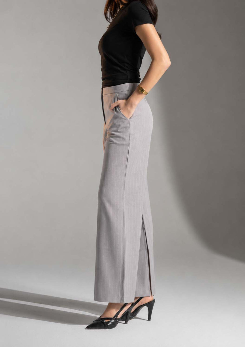 Grey Pinstripe Wide-Leg Pants