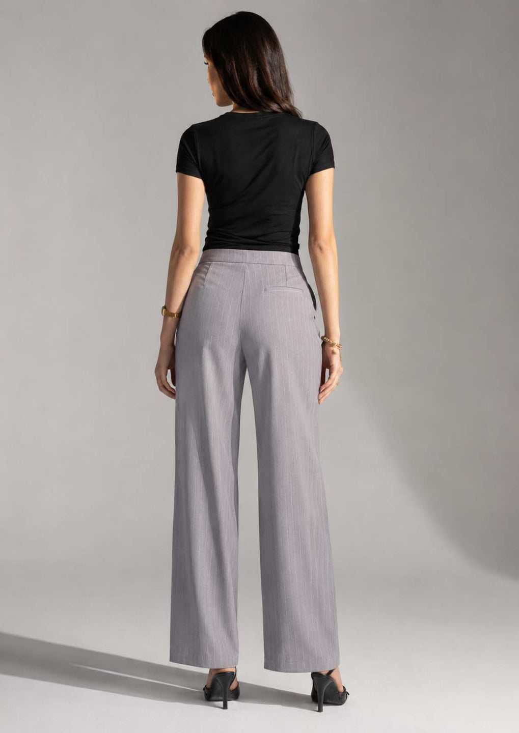 Grey Pinstripe Wide-Leg Pants