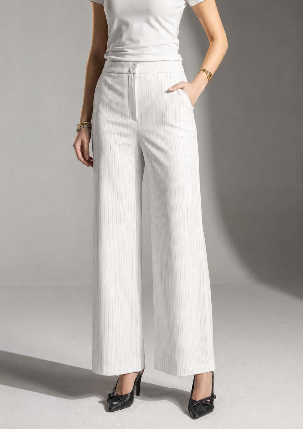 White Pinstripe Wide-Leg Pants