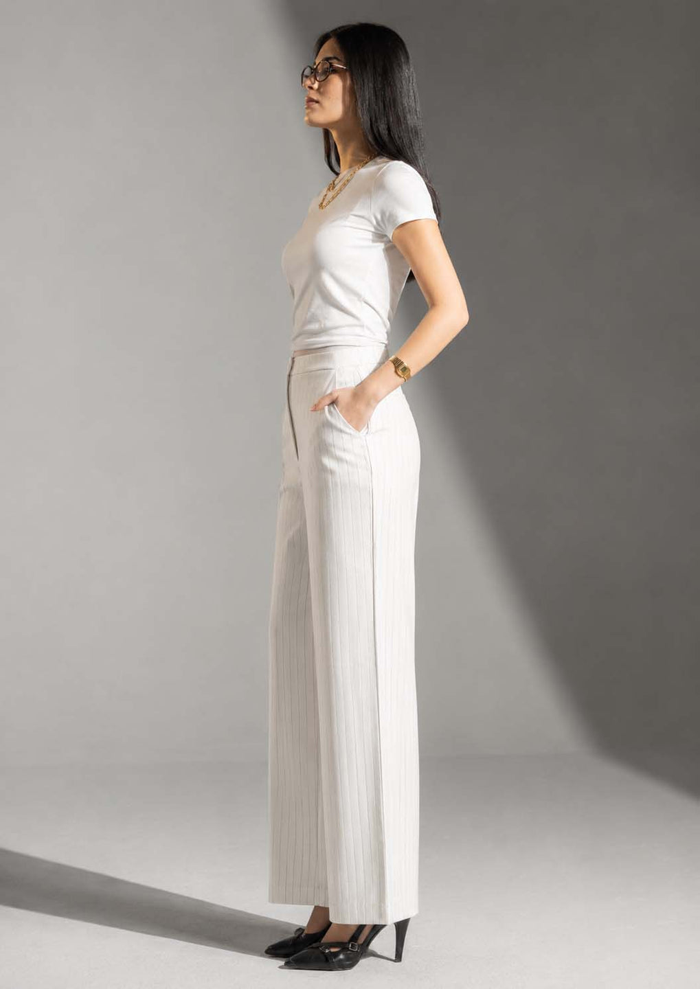 White Pinstripe Wide-Leg Pants