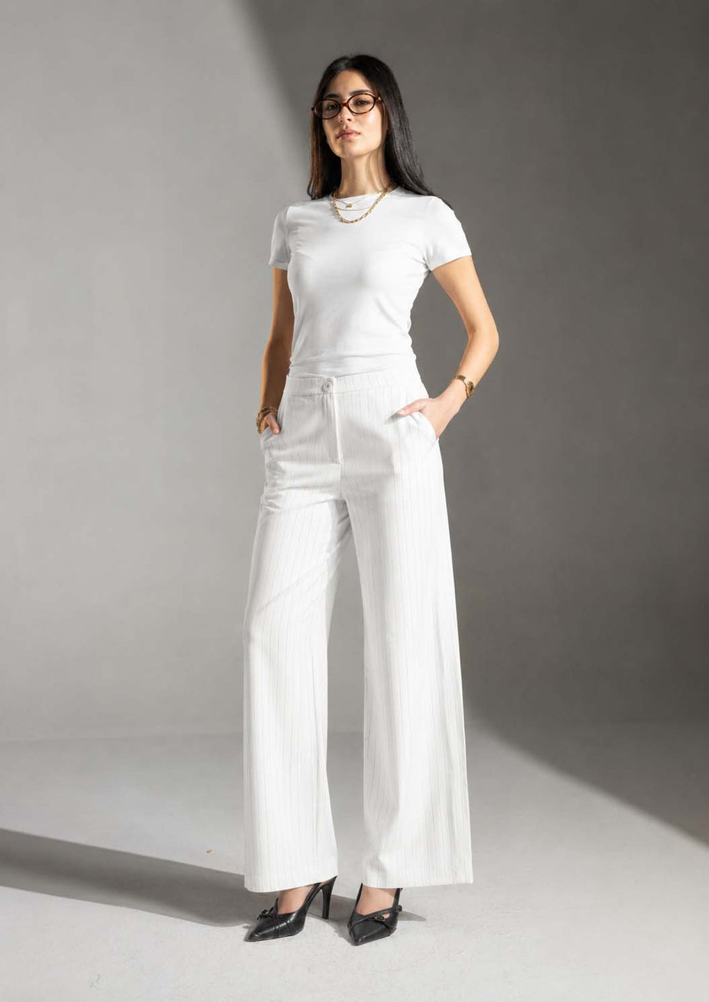 White Pinstripe Wide-Leg Pants