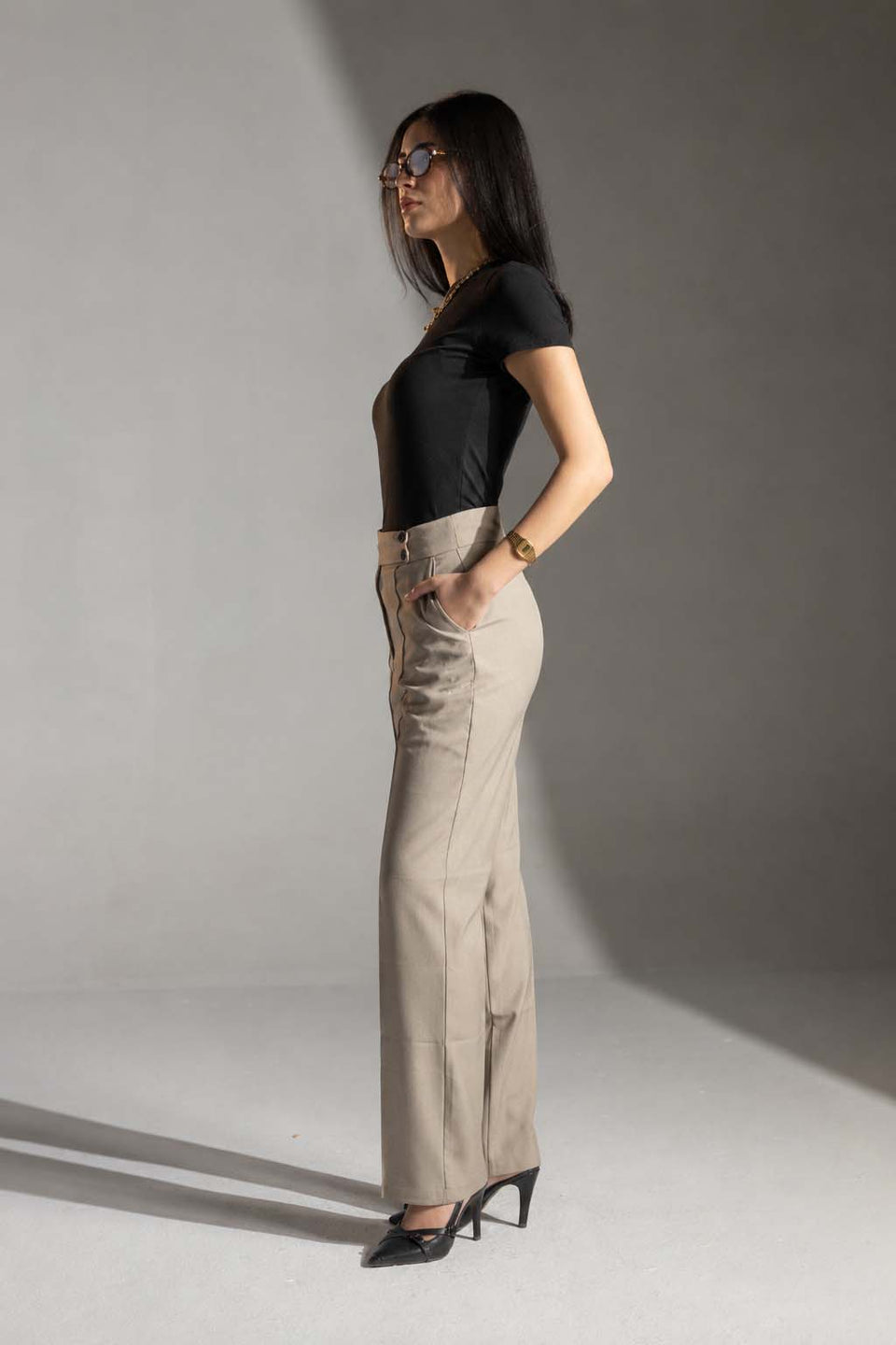 Coffe Tailored Wide-Leg Pants