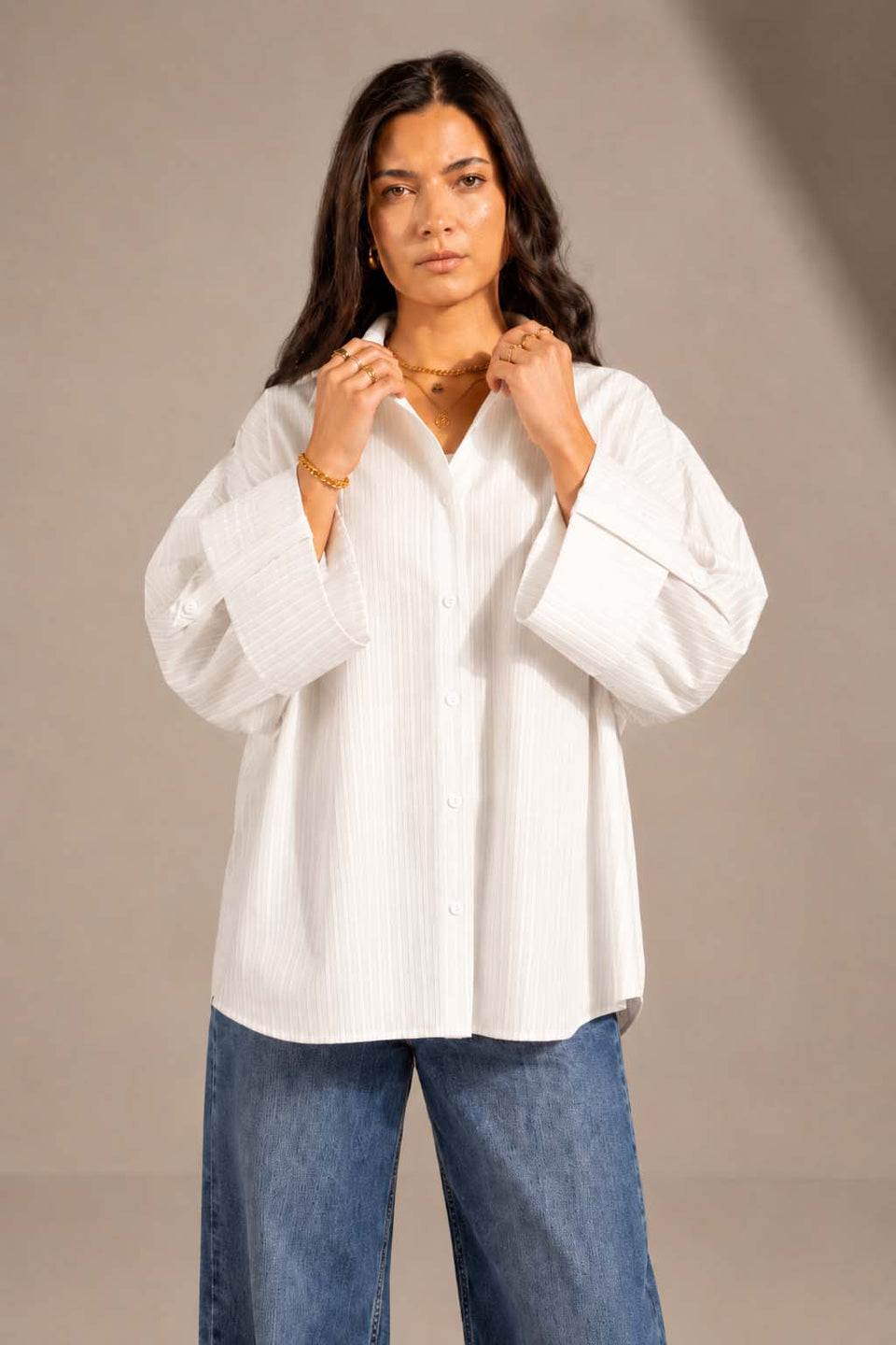 Beige Striped Oversized Shirt