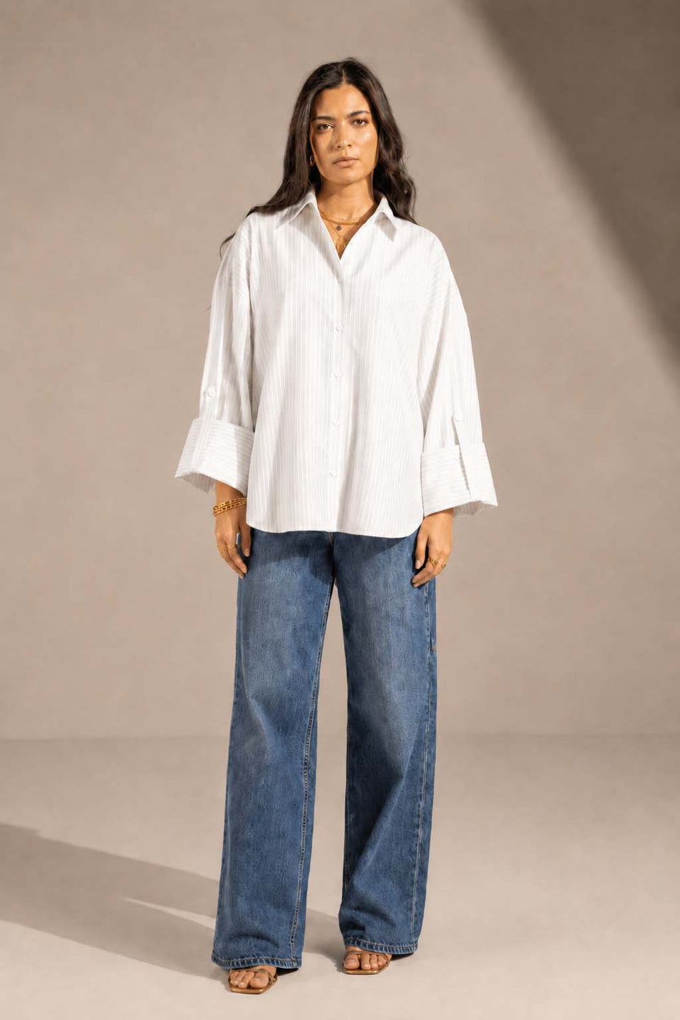 Beige Striped Oversized Shirt
