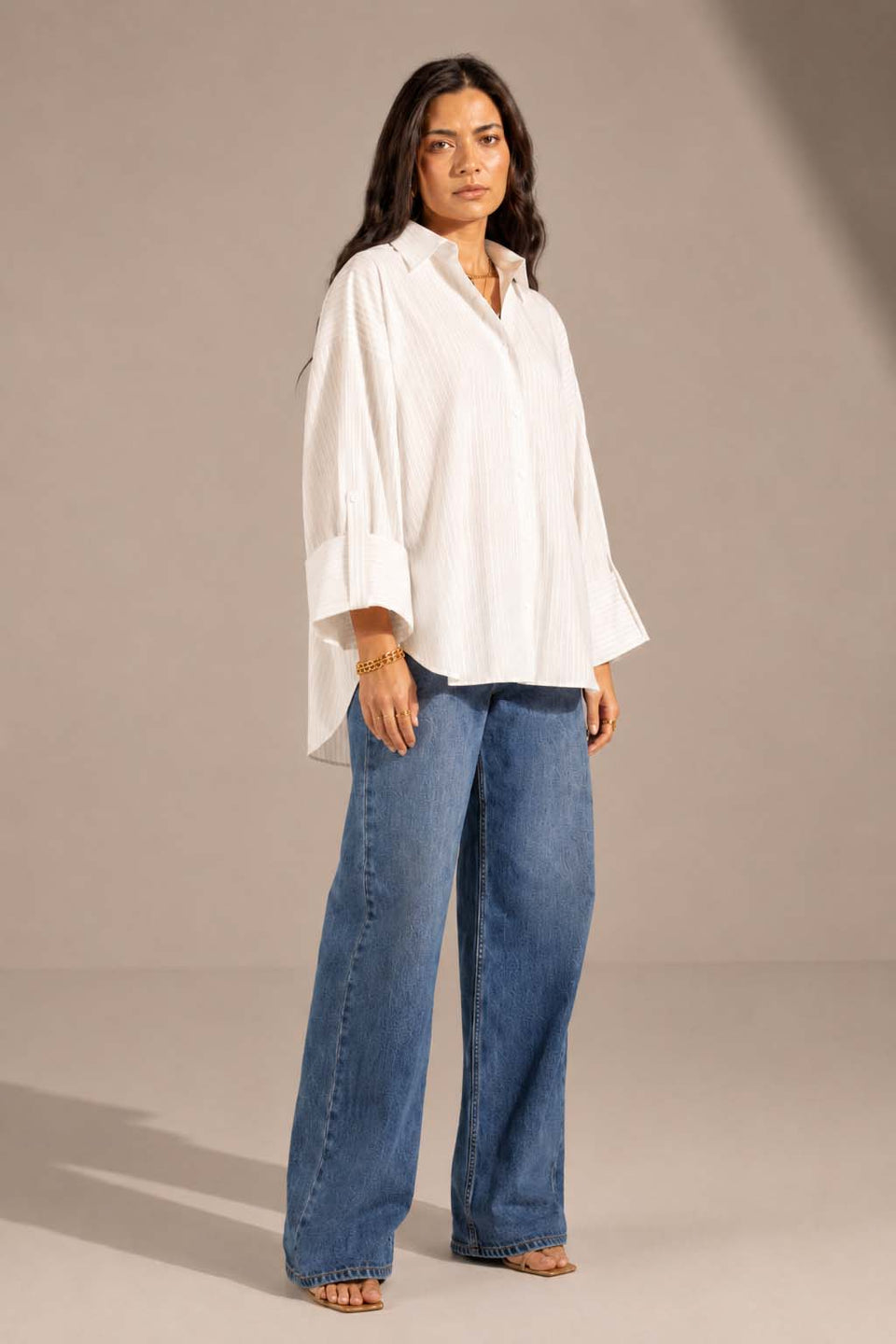 Beige Striped Oversized Shirt