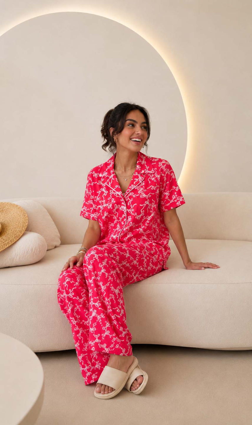 Pink Bow Print Short Sleeve Pajama Set