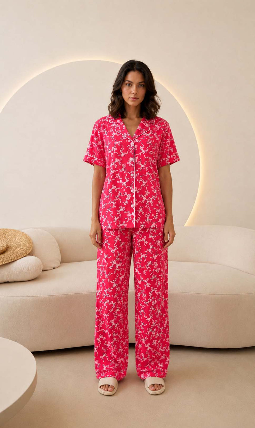 Pink Bow Print Short Sleeve Pajama Set