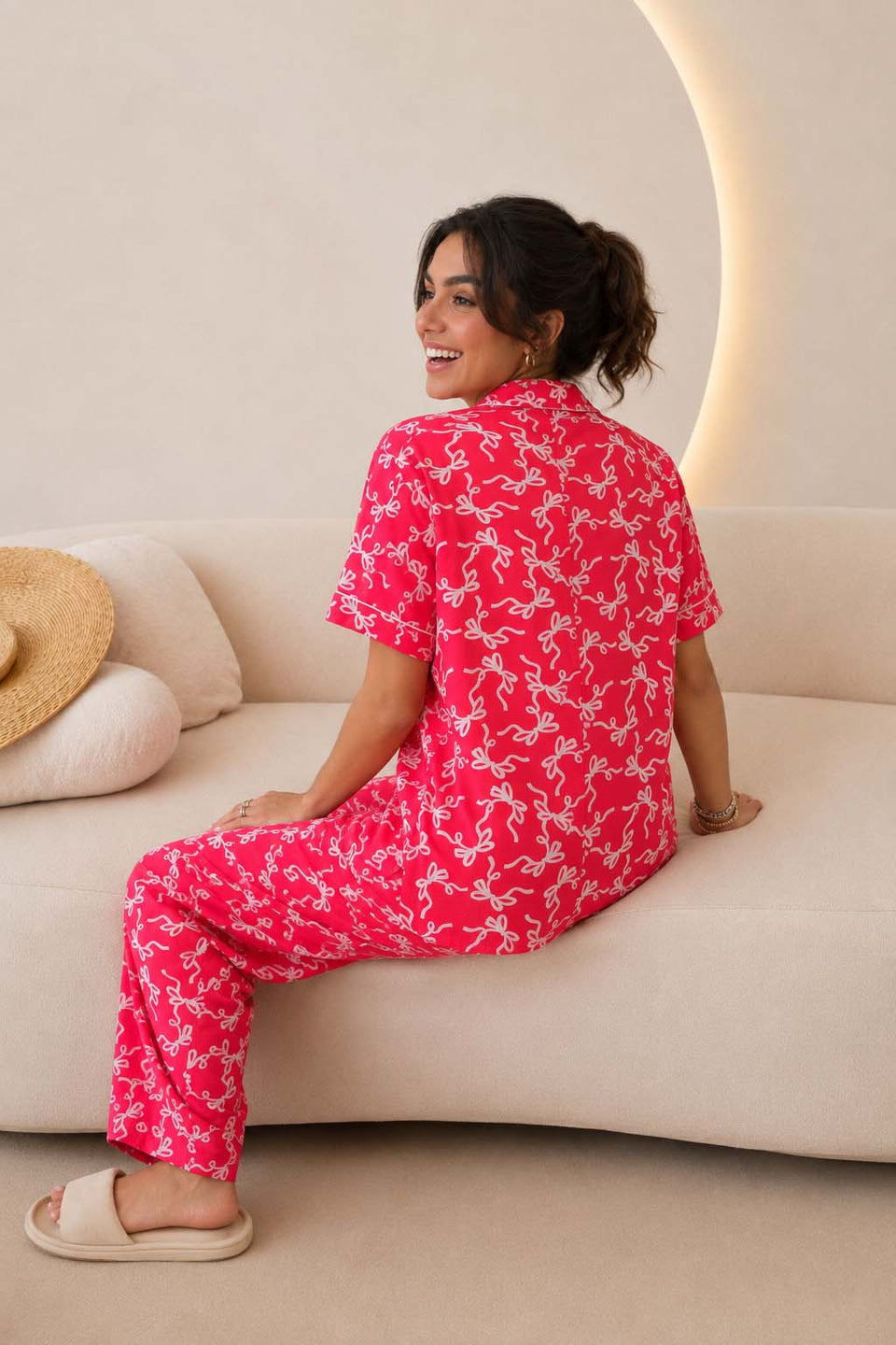 Pink Bow Print Short Sleeve Pajama Set