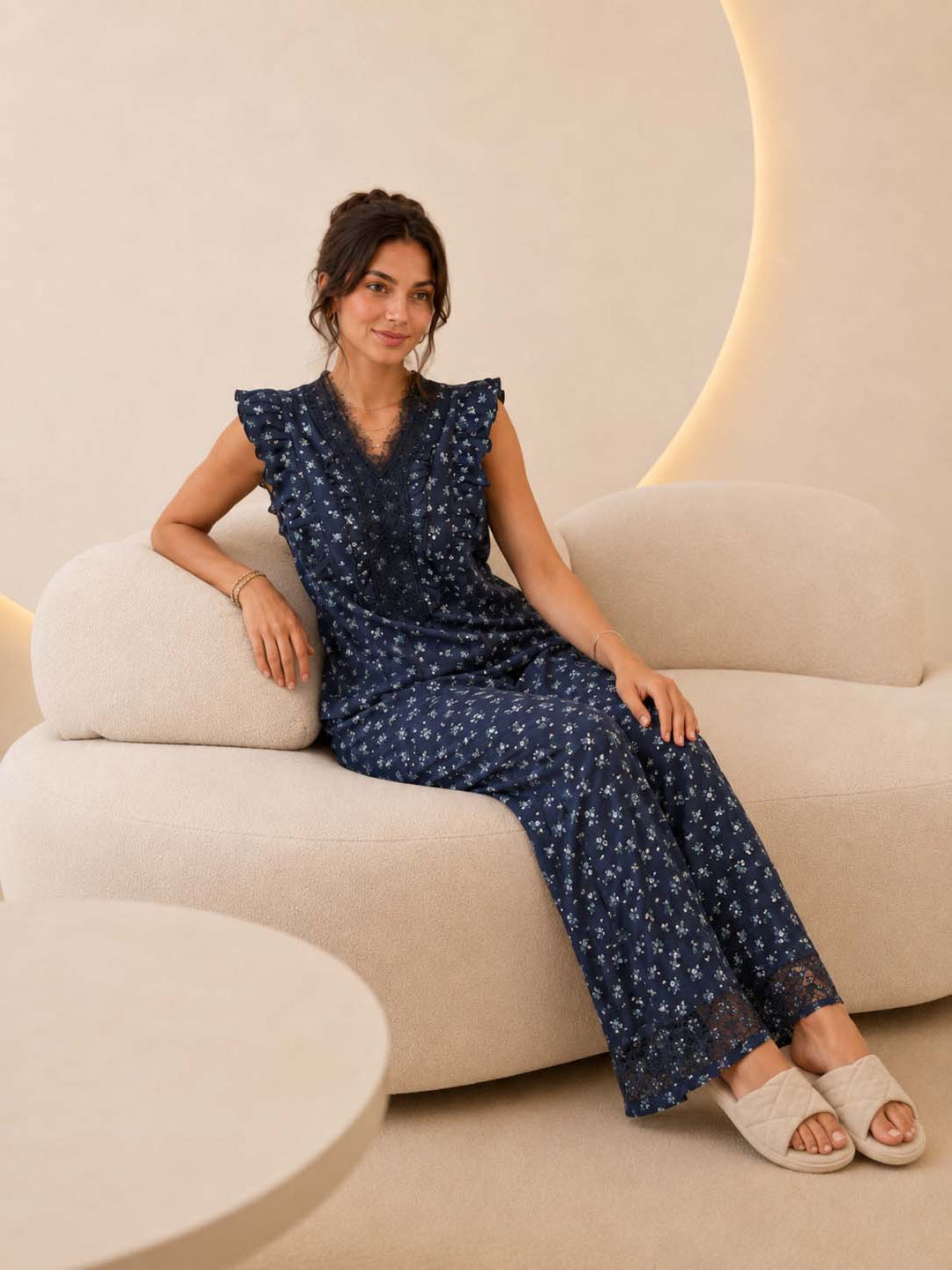 Navy Ruffle Floral Lounge Set