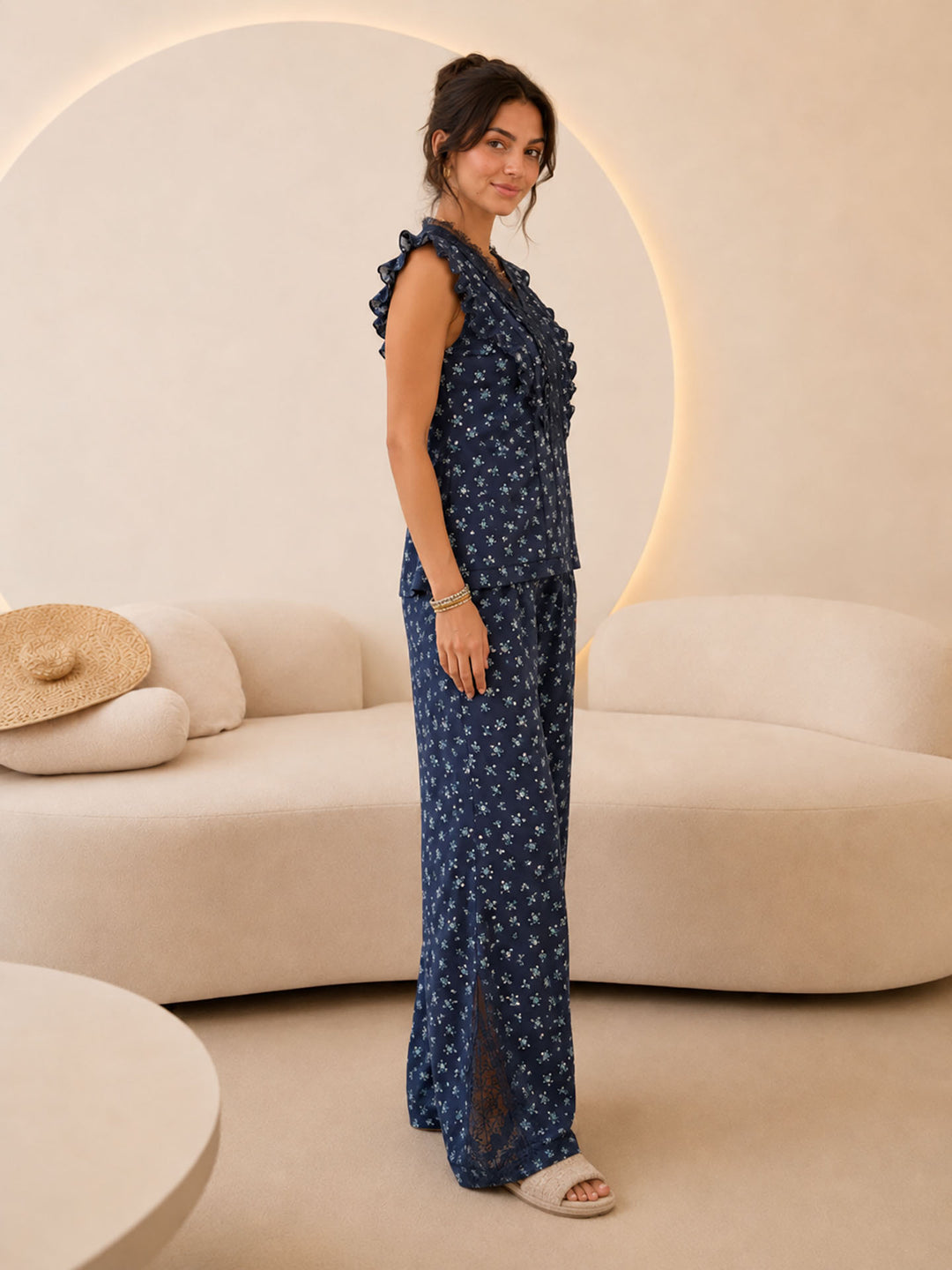 Navy Ruffle Floral Lounge Set
