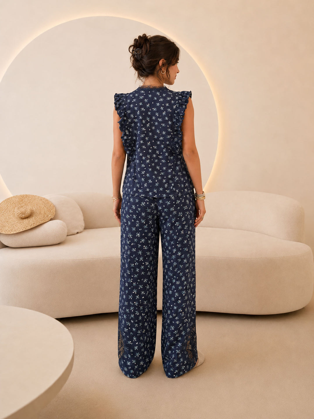 Navy Ruffle Floral Lounge Set