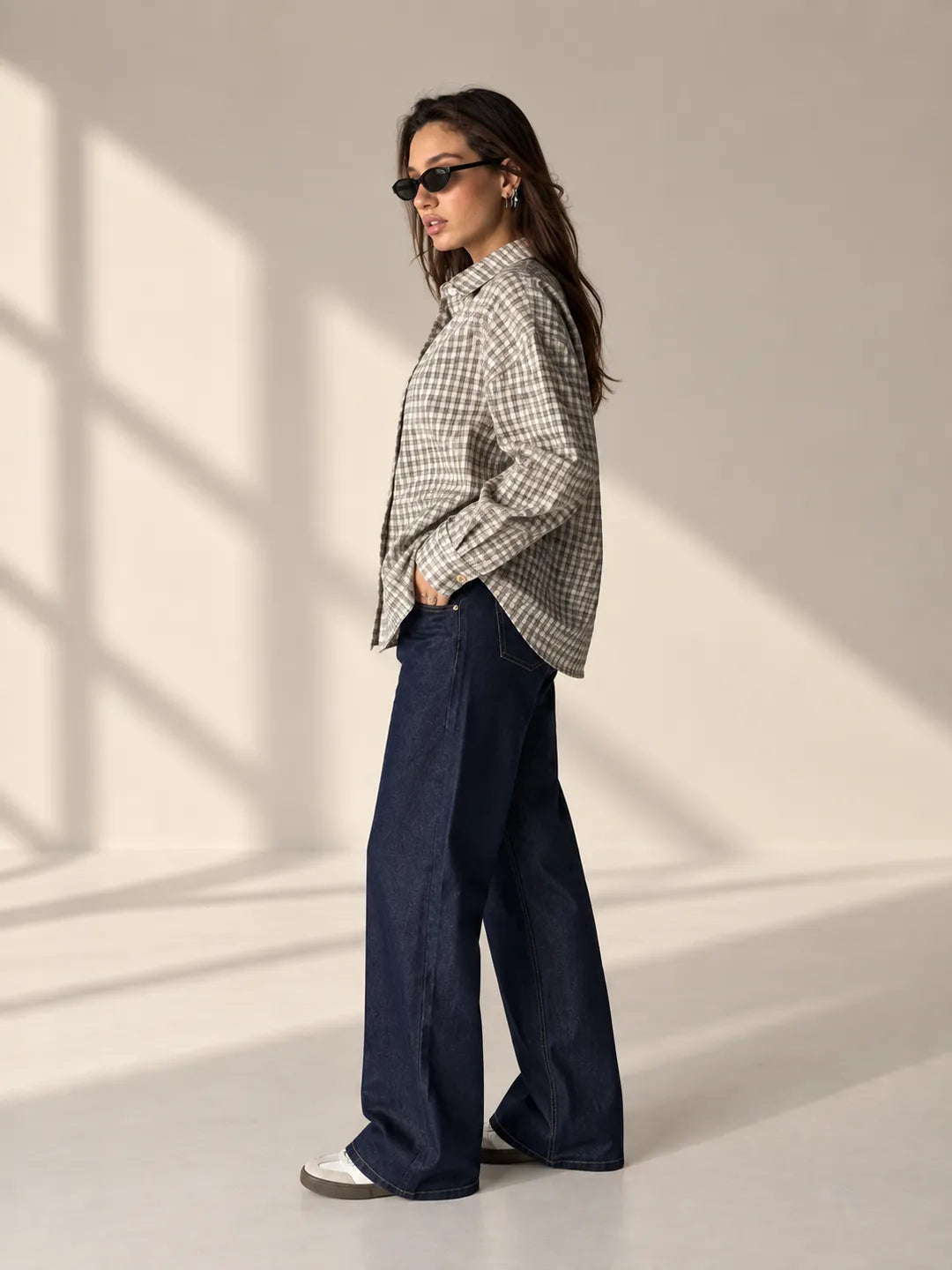 Beige Checkered Oversized Shirt