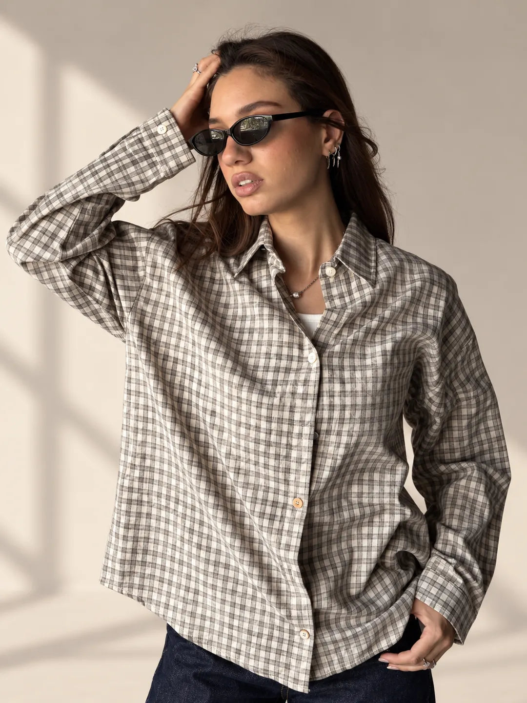 Beige Checkered Oversized Shirt