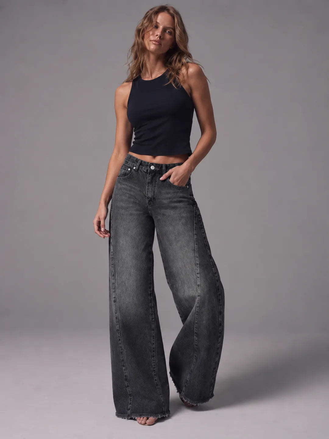 Textured Black-Wash Wide-Leg Jeans