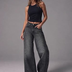 Textured Black-Wash Wide-Leg Jeans