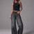 Textured Black-Wash Wide-Leg Jeans