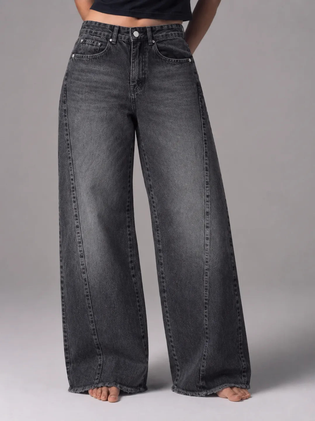 Textured Black-Wash Wide-Leg Jeans