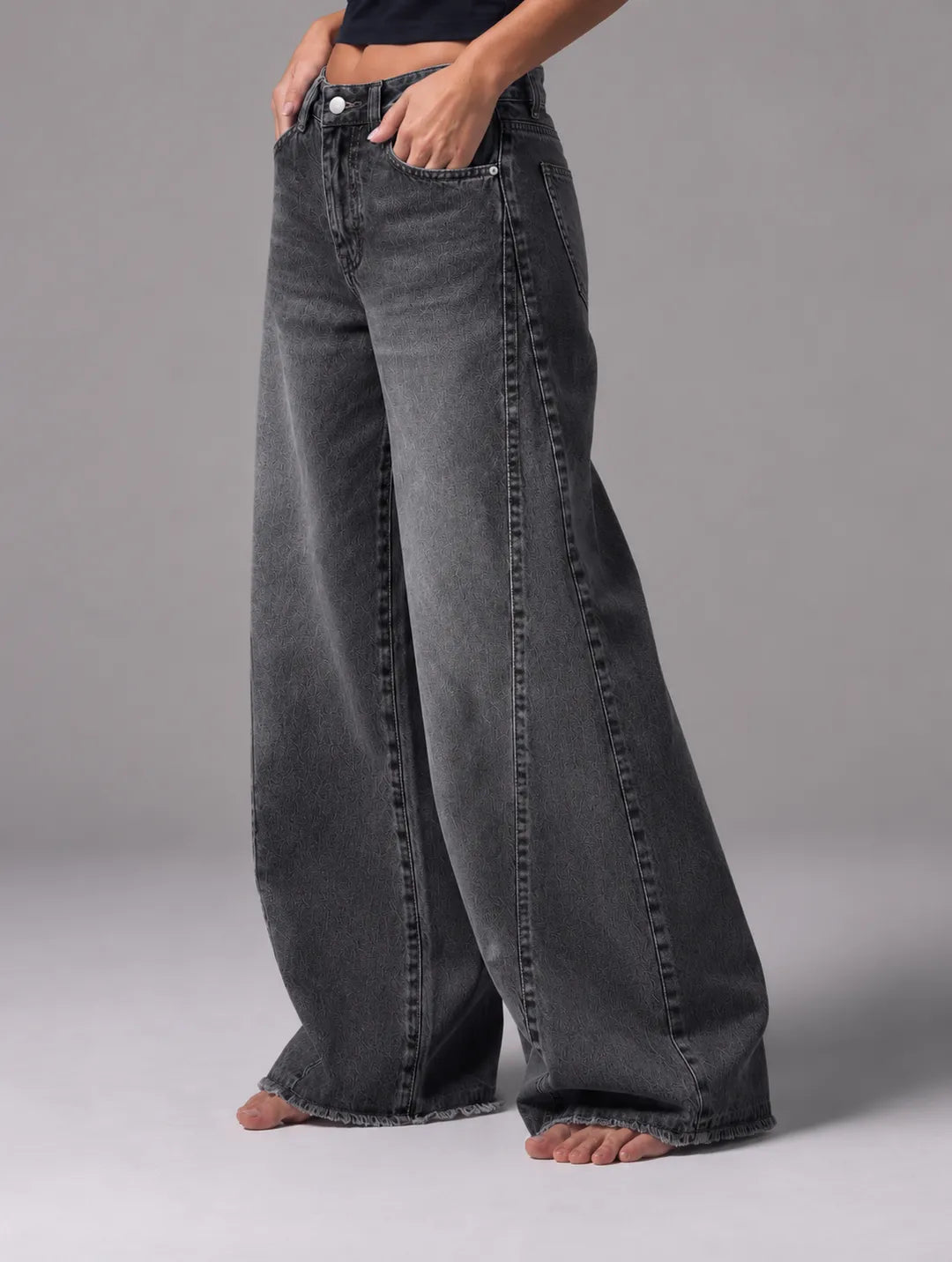 Textured Black-Wash Wide-Leg Jeans