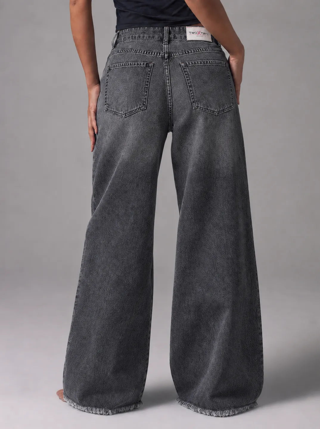 Textured Black-Wash Wide-Leg Jeans