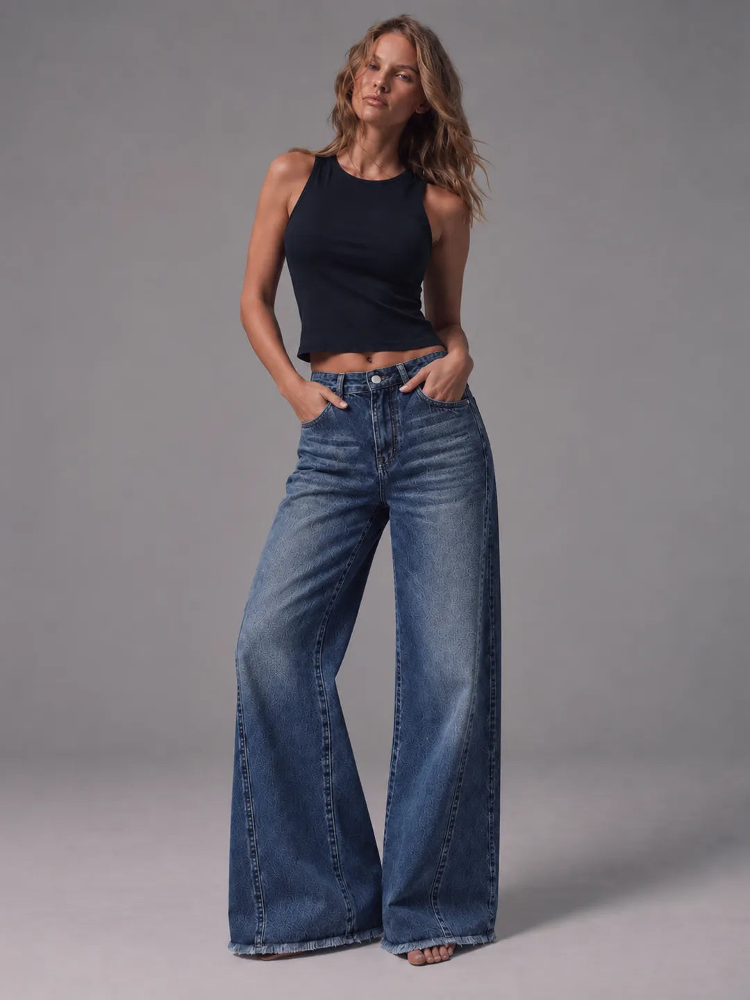 Textured Dark-Wash Wide-Leg Jeans