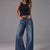 Textured Dark-Wash Wide-Leg Jeans
