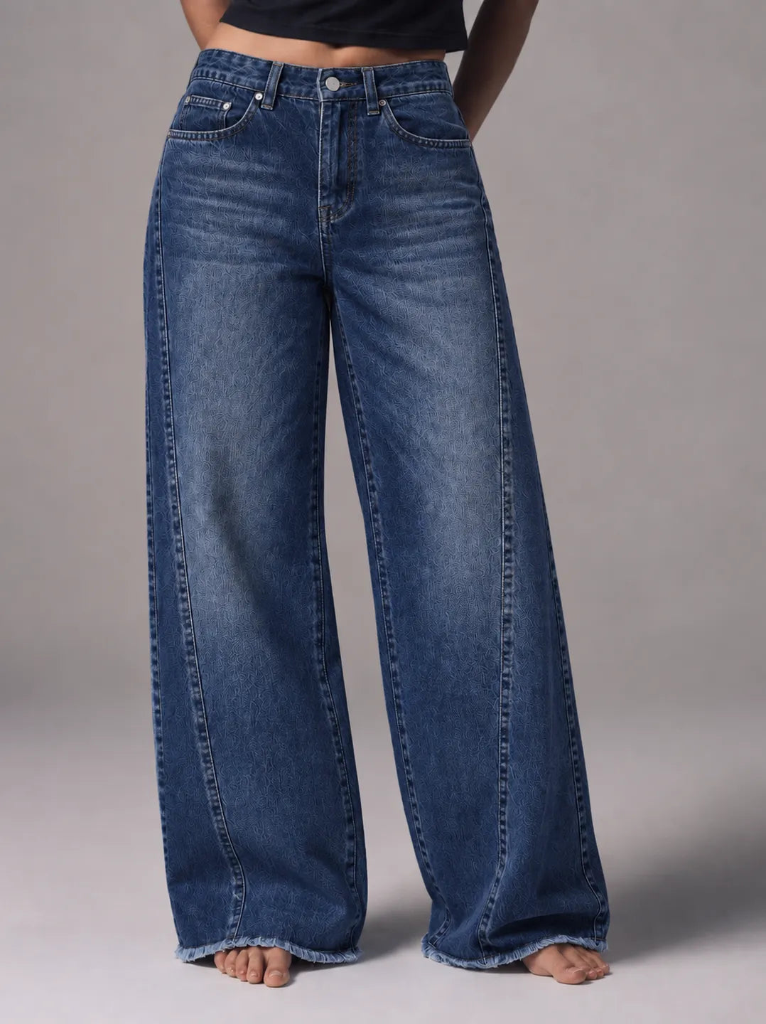Textured Dark-Wash Wide-Leg Jeans