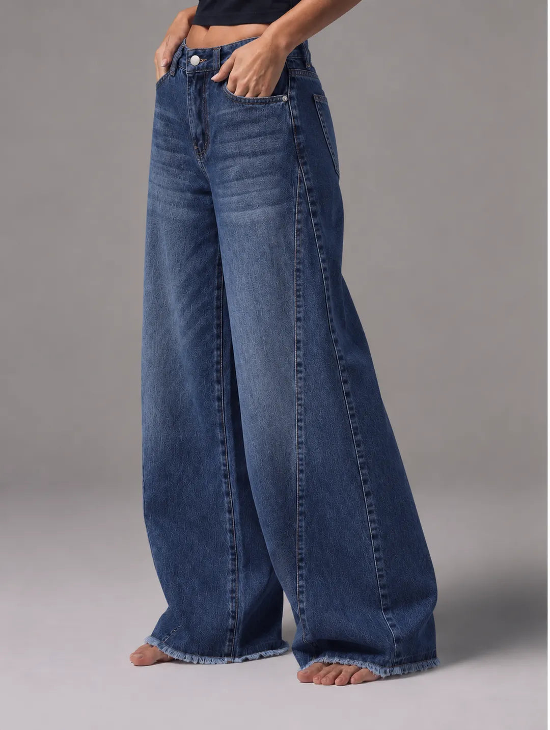 Textured Dark-Wash Wide-Leg Jeans