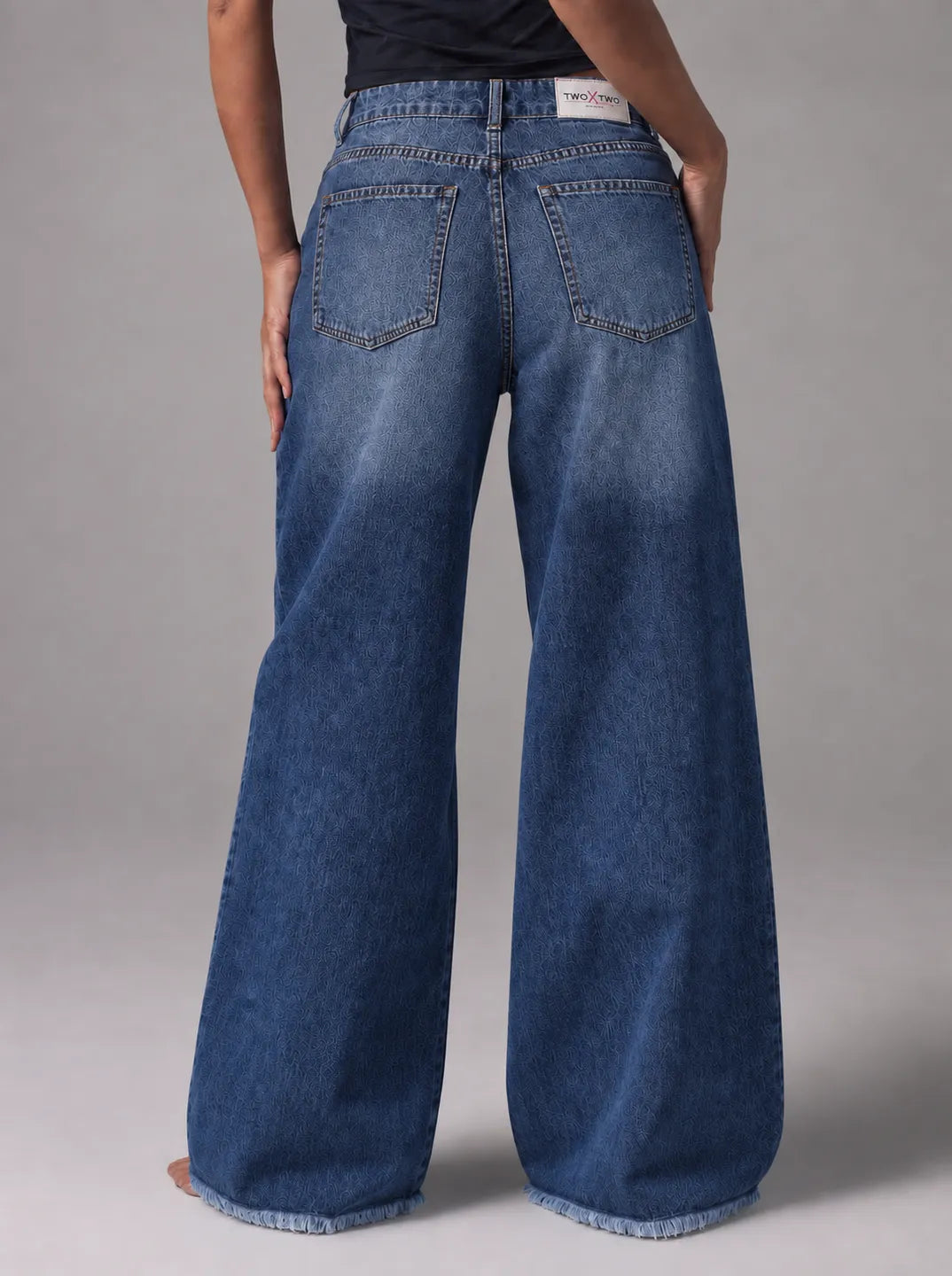 Textured Dark-Wash Wide-Leg Jeans