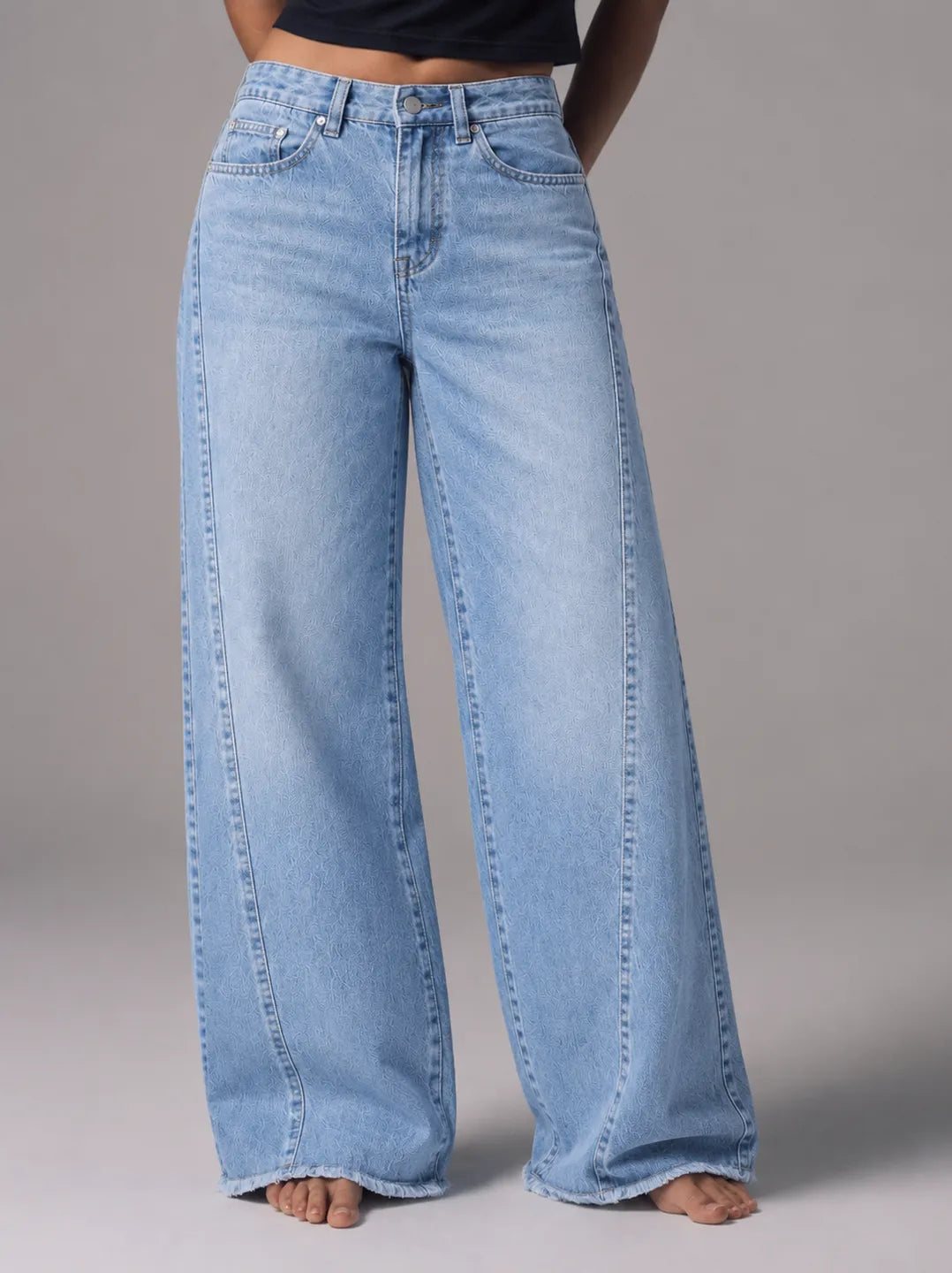 Textured Light-Wash Wide-Leg Jeans