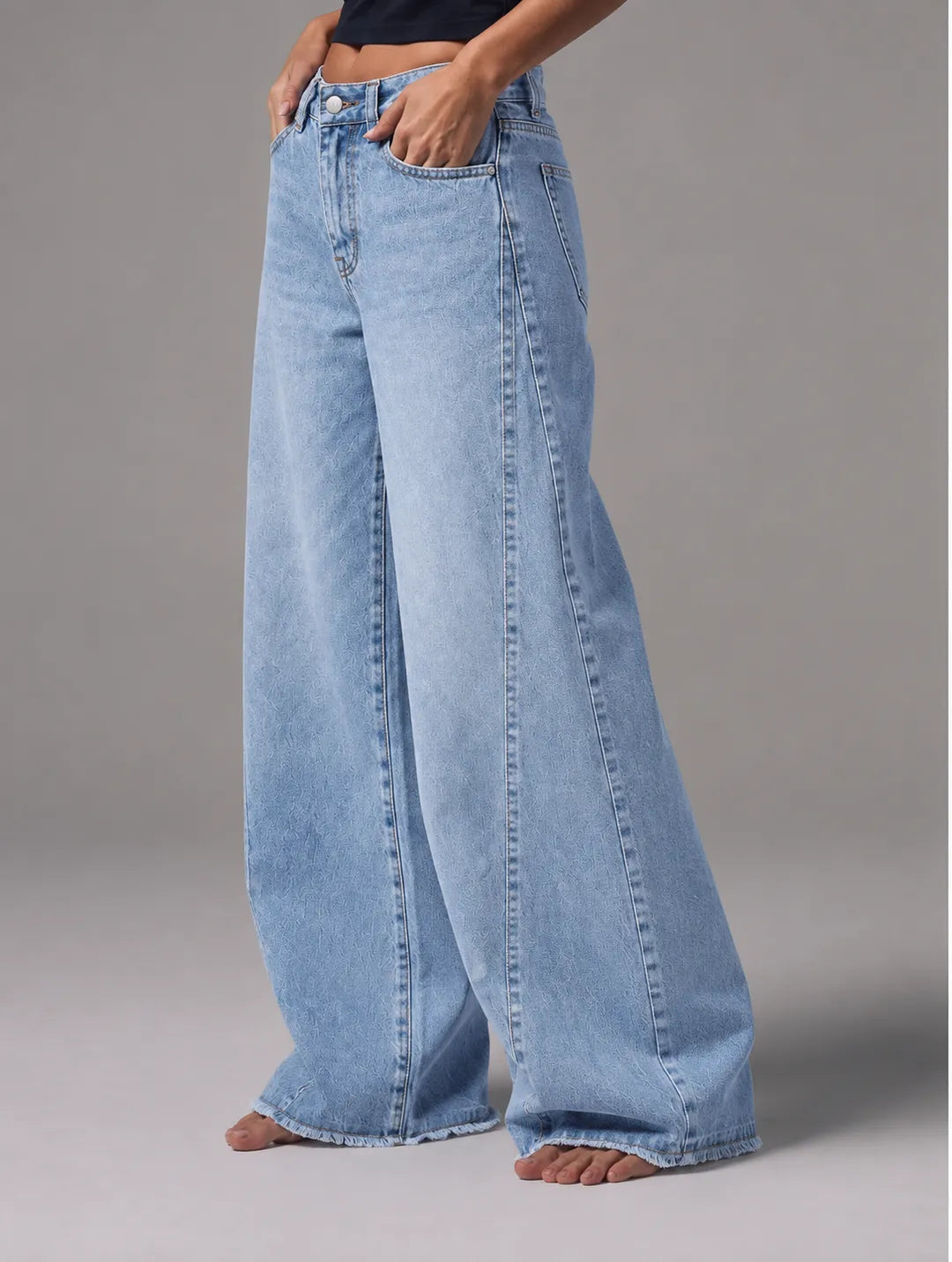 Textured Light-Wash Wide-Leg Jeans