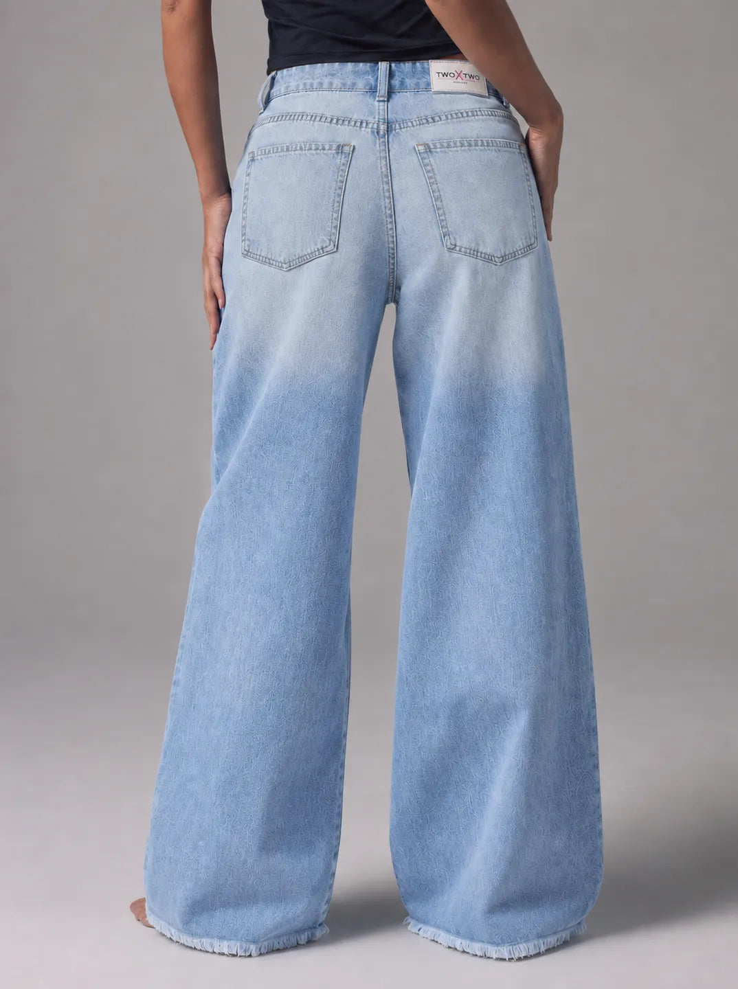 Textured Light-Wash Wide-Leg Jeans