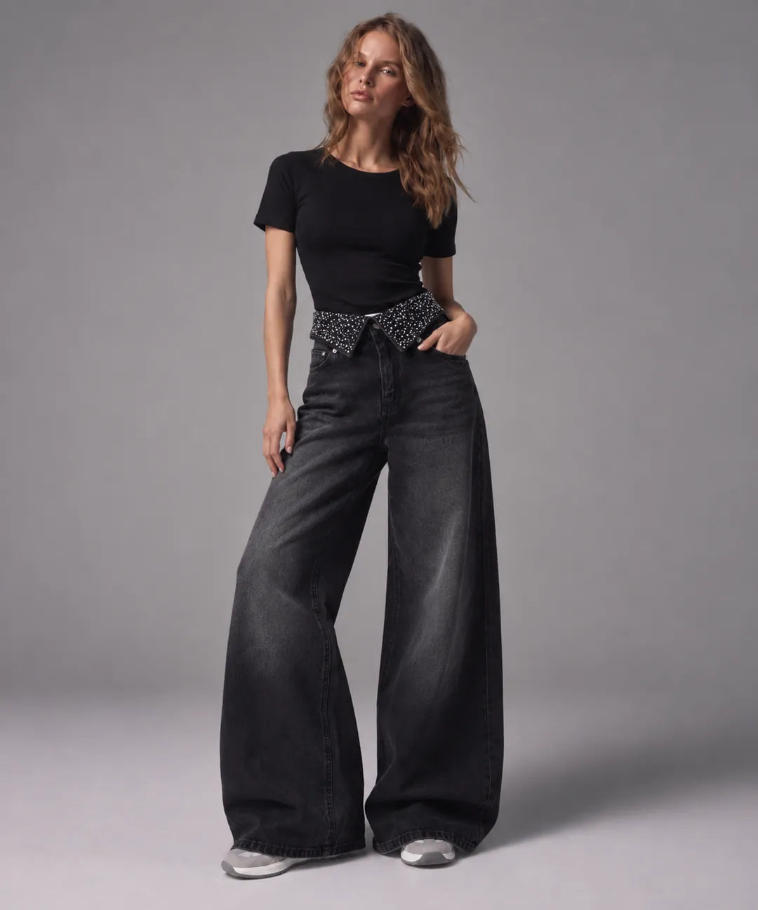 Shiny Wide-leg Black Jeans