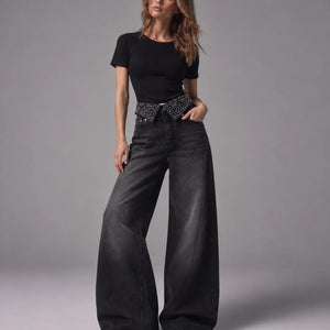 Shiny Wide-leg Black Jeans