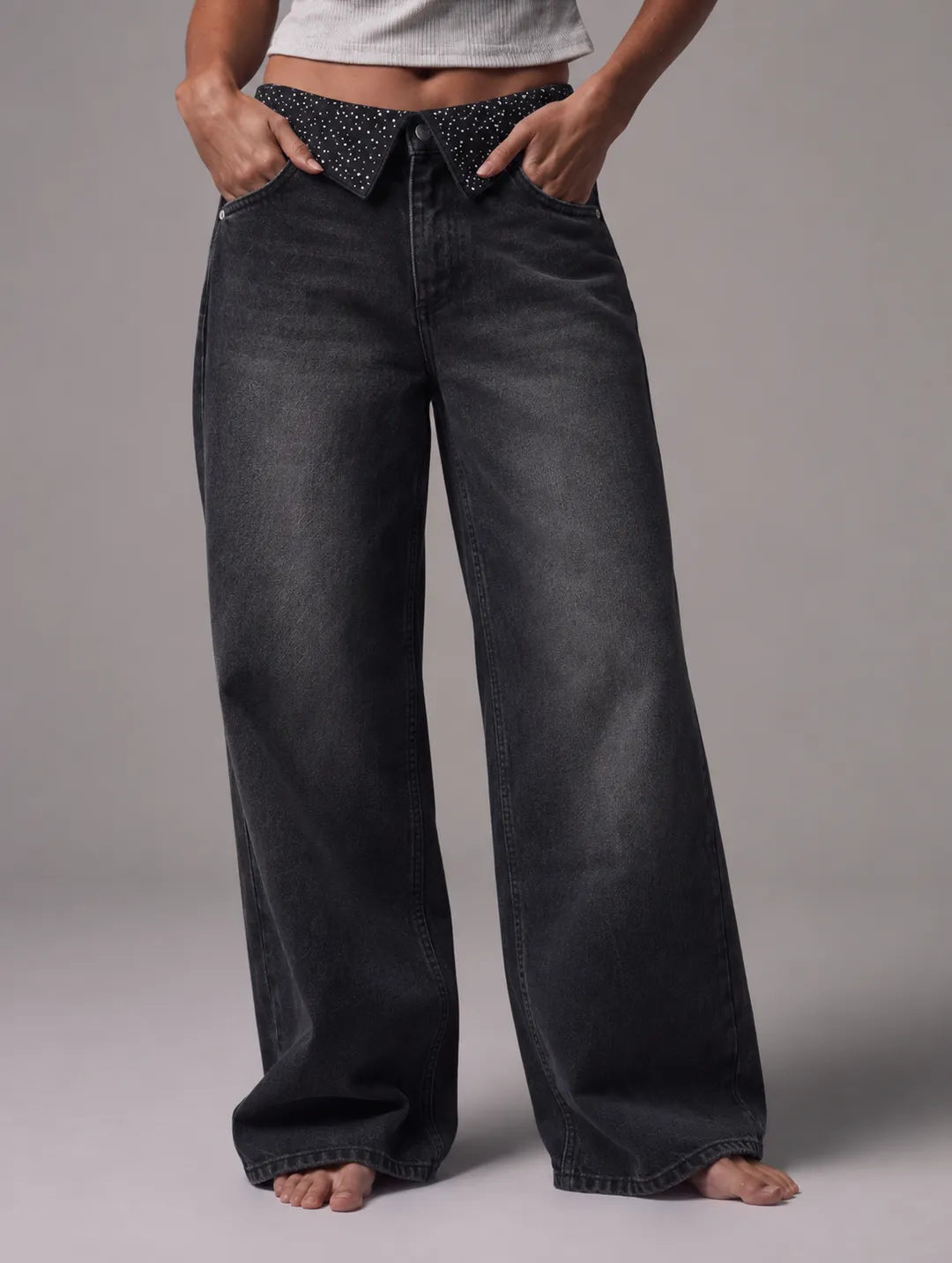 Shiny Wide-leg Black Jeans
