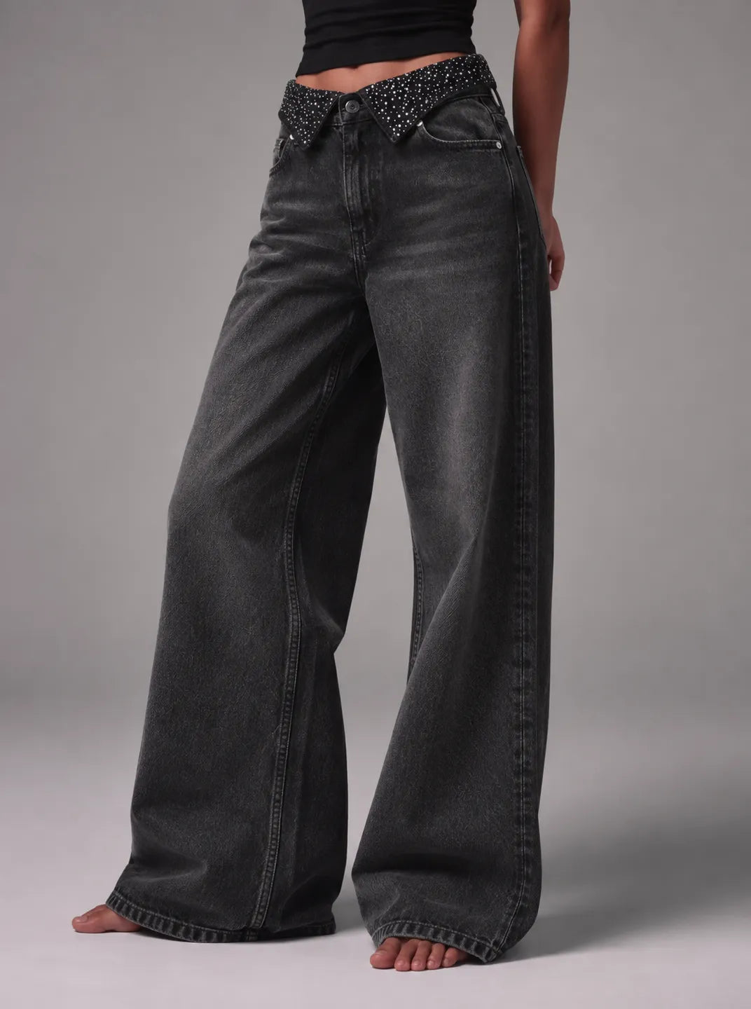 Shiny Wide-leg Black Jeans