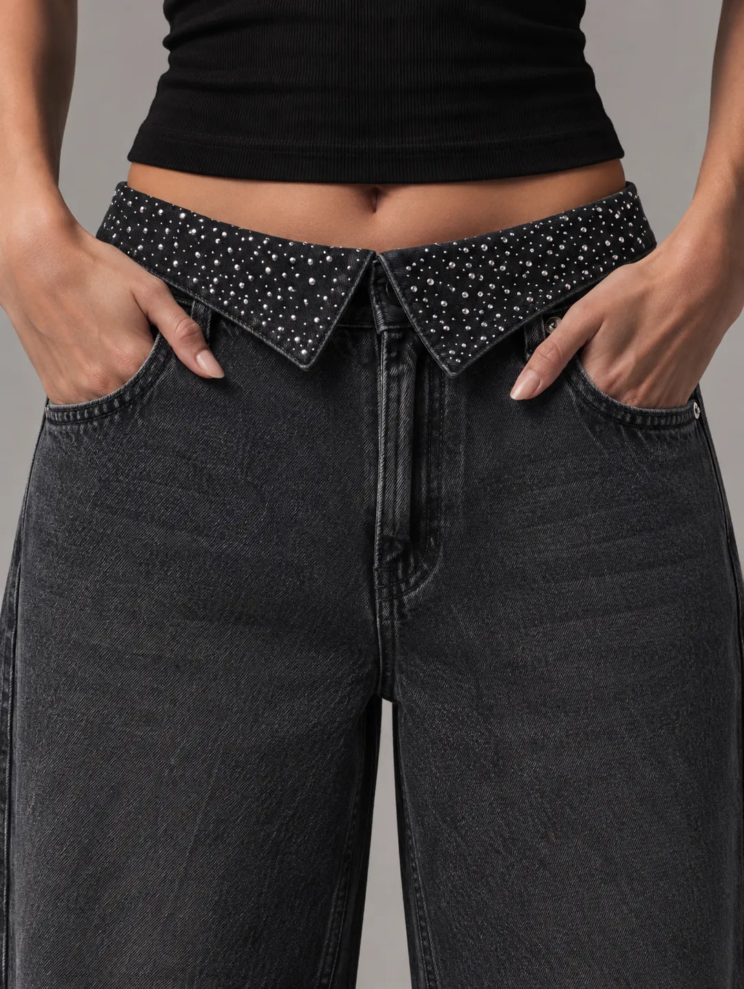 Shiny Wide-leg Black Jeans