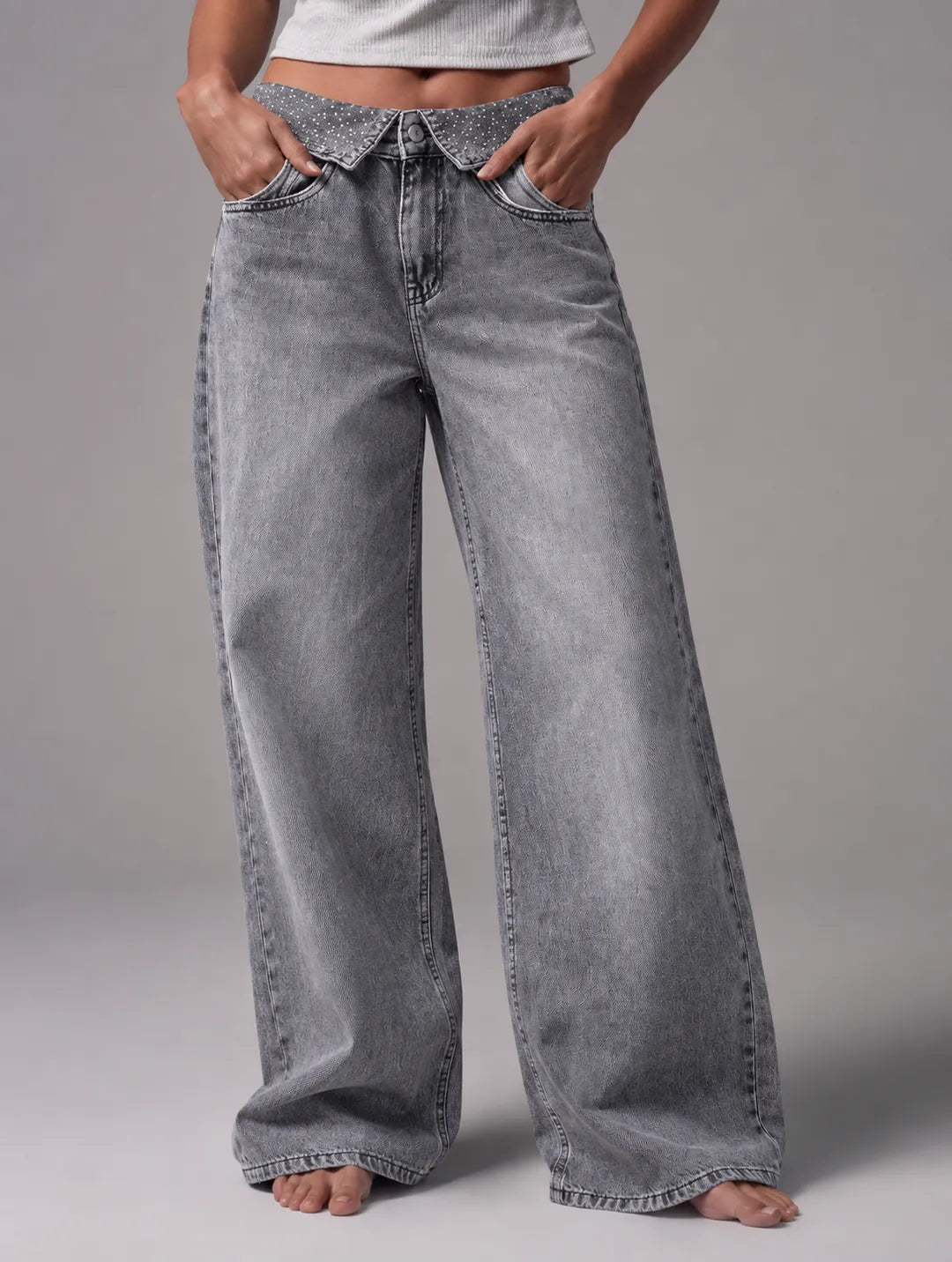 Shiny Wide-leg Gray Jeans
