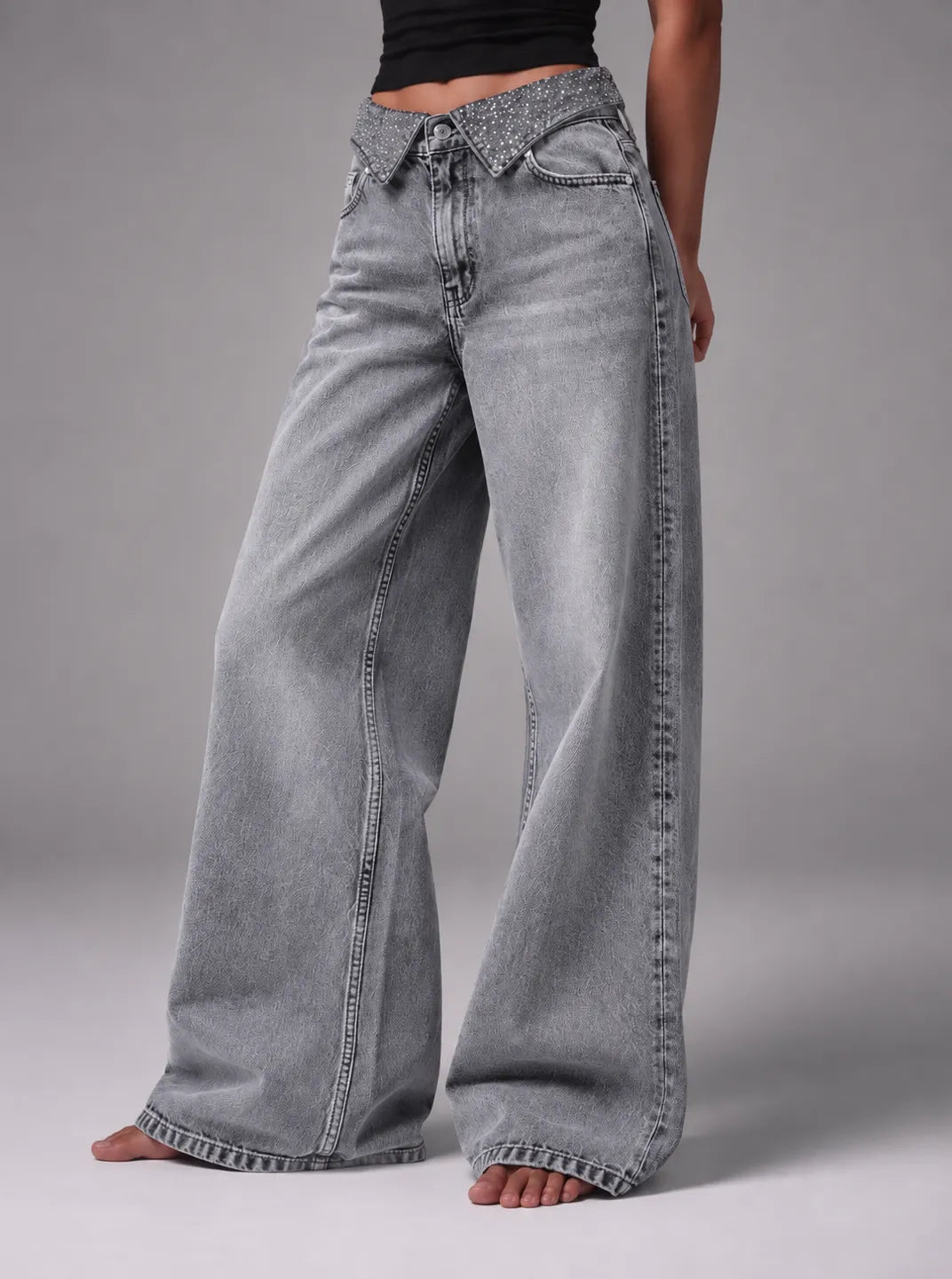 Shiny Wide-leg Gray Jeans