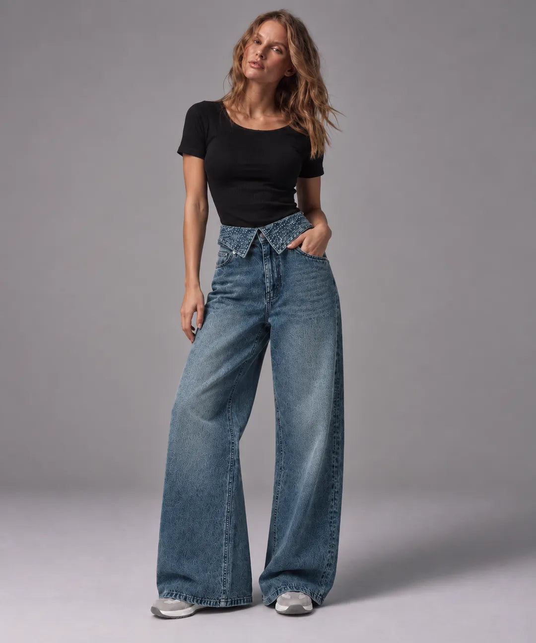 Shiny Wide-leg Washed Green Jeans